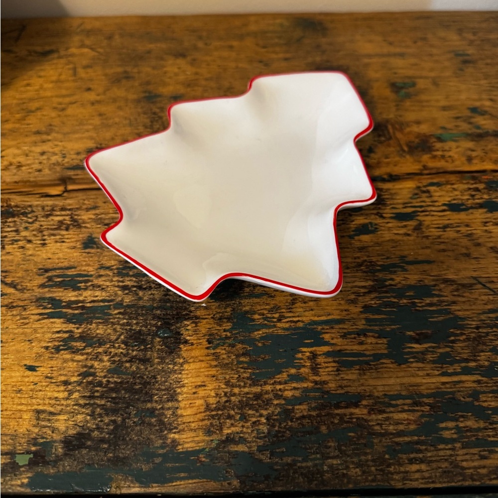 Tree-Shaped White Dish with Red Edge